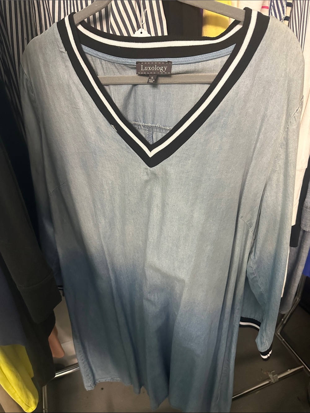 Luxology Light to Dark Blue Ombre V-Neck Tunic with Black & White Trim